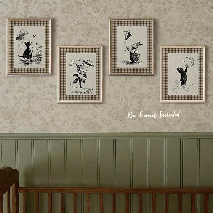 IORAFOUDUO Vintage Cute Animal Nursery Wall Art Decor Prints Unframed Set of 4, Vintage Baby Girl Boy Nursery Decor, Fairytale Cat Bunny Fox Bear Wall Decor for Kids Toddler Room Bedroom Playroom 8x10