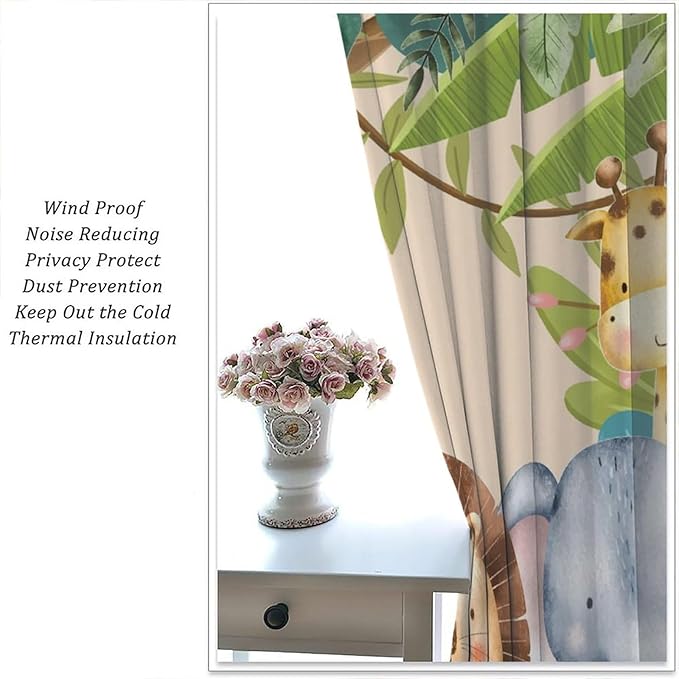 Jungle Animals Curtains Colorful Forest Cartoon Wildlife Lion Giraffe Elephant for Kids Boys Girls Nursery Bedroom Living Room Blackout Rod Pocket Decoration Window Drapes 2 Panels W31.5xL72in