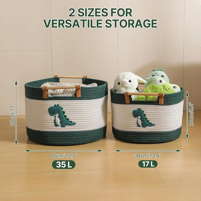 Cotton Rope Baskets for Kids Stuffed Animal Toys Storage for Nursery, Baby Baskets for Gifts Empty, Woven Basket with Wooden Handles Blanket Towel Toy 0rganizer Kids Blanket Storage Bins (Dinosaur ）