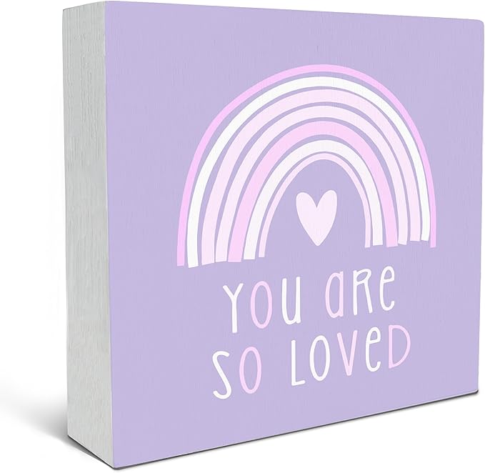 SRADMO You Are So Loved Rainbow Heart Wood Box Sign Desk Decor, Purple Kids Inspirational Quotes Wooden Block Box Sign Decoration for Kids Room Nursery Playroom Shelf Table Decorative Accessories