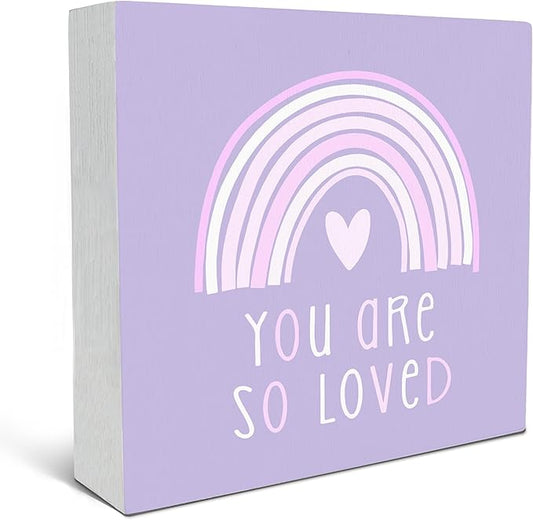 SRADMO You Are So Loved Rainbow Heart Wood Box Sign Desk Decor, Purple Kids Inspirational Quotes Wooden Block Box Sign Decoration for Kids Room Nursery Playroom Shelf Table Decorative Accessories
