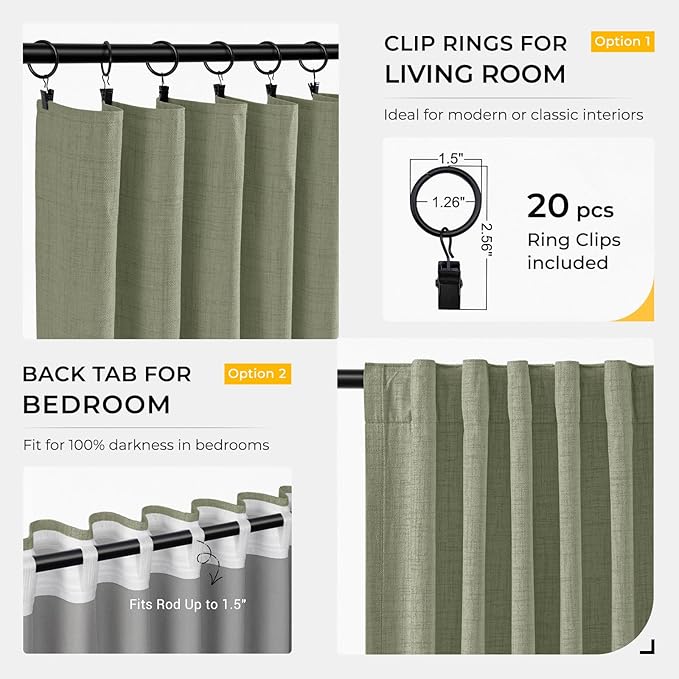 INOVADAY 100% Blackout Curtains for Bedroom, Black Out Curtains 96 Inch Long, Polyester Blackout Drapes, Thermal Insulated Room Darkening for Living Room, 2 Panels - Light Sage Green, W50xL96