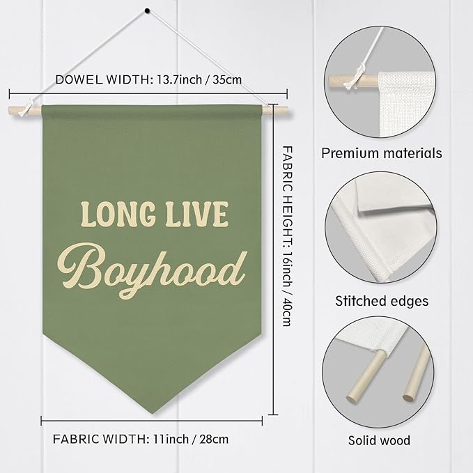 Long Live Boyhood Wall Banner,Retro Canvas Hanging Sign,Boys Room Flag Decor,Vintage Nursery Flag, Toddler or Kid Playroom Wall Art Poster 11x16inch(KD29)