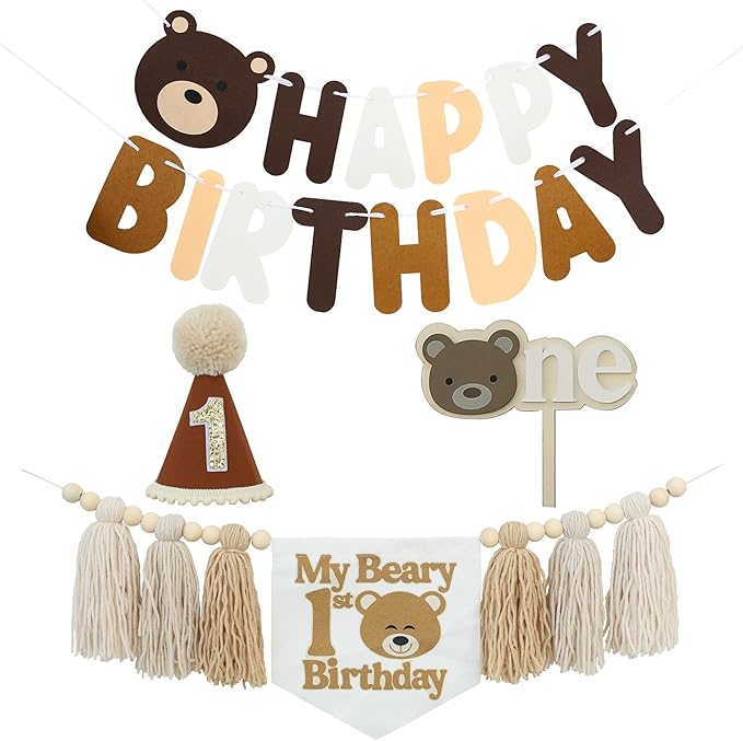 Bear 1st Theme First High Chair Banner For 1st Birthday Party Decorations With One Cake Topper