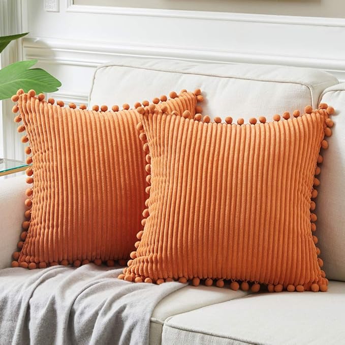 Fancy Homi Pack of 2 Corduroy Fall Decorative Throw Pillow Covers with Pom-poms, Solid Square Cushion Case Pillow Cases Set for Couch Sofa Bedroom Car Living Room (20x20 Inch/50x50 cm, Orange)