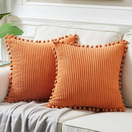 Fancy Homi Pack of 2 Corduroy Fall Decorative Throw Pillow Covers with Pom-poms, Solid Square Cushion Case Pillow Cases Set for Couch Sofa Bedroom Car Living Room (20x20 Inch/50x50 cm, Orange)