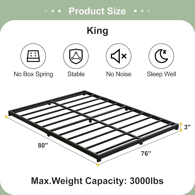 3 Inch Low King Bed Frame Heavy Duty Metal Platform, No Box Spring Needed, Easy Assembly Mattress Foundation, No Noise, Black