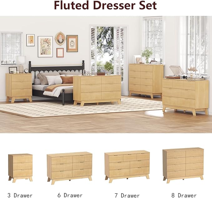 Fluted Dresser for Bedroom,9 Drawer Dresser for Closet,57" Wide Storage Cabinet and Chest of Drawers with Gold Handle,TV Stand,Storage Organizer for Living Room,Hallway,Entryway,Natural Oak