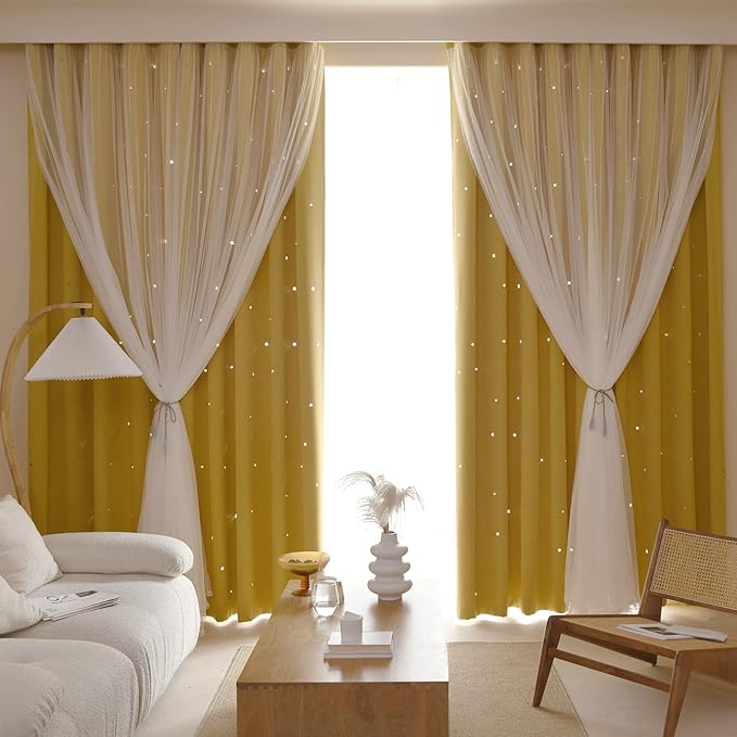 Kinryb Kids Blackout Curtains for Bedroom/Living Room/Classroom, Sheer Overlay 2 Panel Set, Double Layer Curtains with Star Cutout for Kids Room(Each Piece W 70 x L 95 Inches 2 Pcs Yellow)