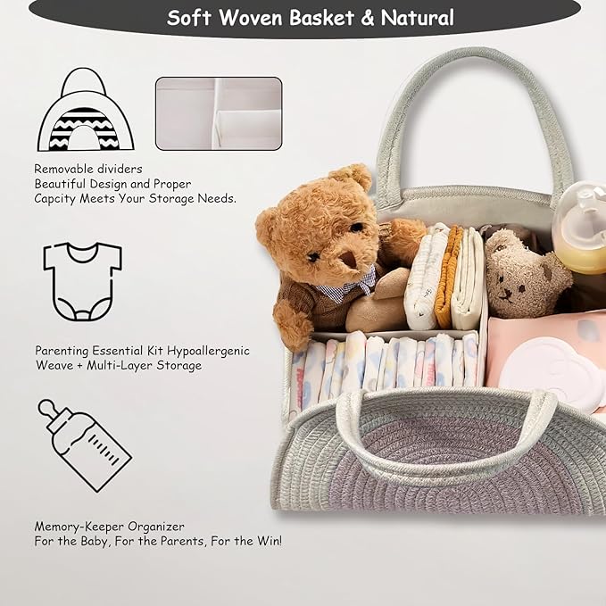 COMFY-HOMI Diaper Caddy Organizer with Gift Bags and Ribbons - Sturdy Cotton Rope Basket for Baby Girl & Boy Newborn Essentials, Large Gift Bag, Nursery Storage Caddy with Handles (white Pink)