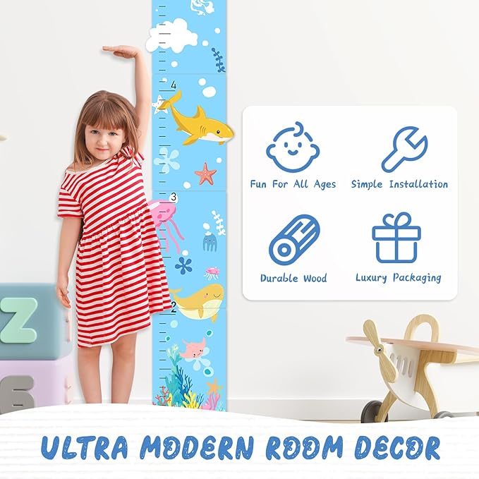 Personalized Name Marine Animals Wooden Growth Chart for Kids-Height Measurement for Wall Girls Boys Teen Room Wall Decor 62.7" x 14"