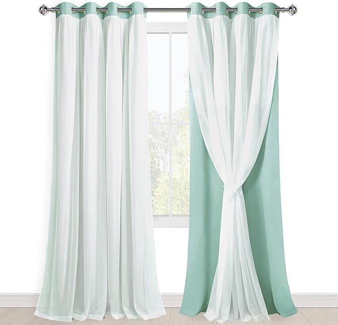Hiasan Blackout Curtains with Sheer Overlay, Mix & Match Double Layer Thermal Insulated Room Darkening Curtains for Bedroom, Living Room, 2 Window Curtain Panels with Tiebacks, Aqua, 52W X 108L