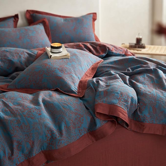 Blue Red Duvet Cover Full Forest Theme Retro Floral Duvet Cover Vintage Jacquard Bedding Set Premium Yarn-Dyed Cotton Linen Duvet Cover Botanical Tree Leaves Bedding Comforter Cover with Zipper Ties