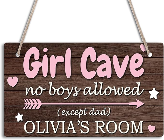 Pink Girl Cave Signs Personalized House Room Door Sign Custom Name Signs Kids Girls Bedroom Decor Nursery Room Entryway Wood Hanger Art Wall Plaque 12x6 Inches