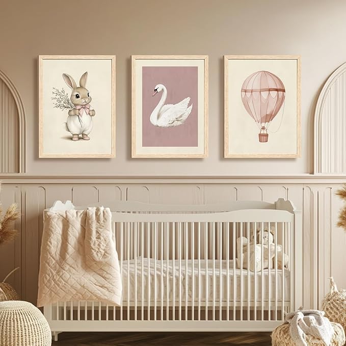 Hianan Pink Baby Girl Nursery Wall Decor Cute Bunny Wall Art Cozy Rabbit Canvas Artwork Elegant Swan Poster Prints Vintage Hot Air Balloon Painting Prints for Kid's Room Baby Room Wood Framed 16"x24"x3