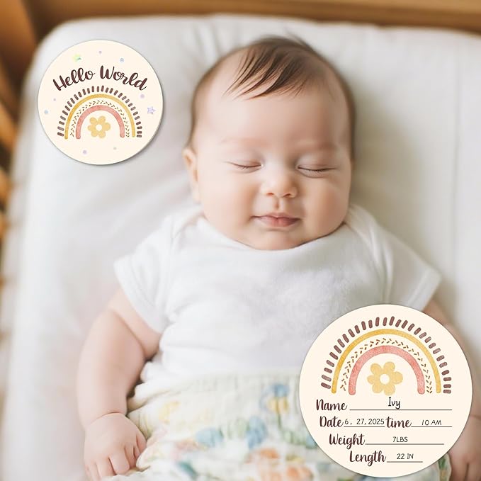 Baby Monthly Milestone Cards Sign - Double Sided Wooden Milestone Cards with Rainbow Design, Wooden Circles Discs for Photo Props Birth Announcement Board, Baby Shower/Gift Newborn Sign Set(13pcs)