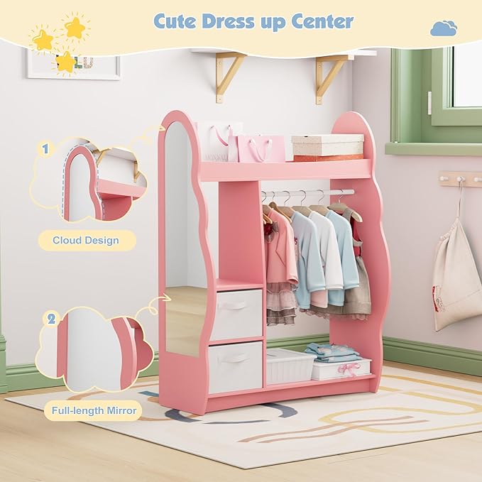 Kids Dress Up Storage Rack Mirror Wood Child Wardrobe 2 Hooks 2 Fabric Bins Toddler Closet Girls Boys Open Hanging Armoire Storage Shelf Coat Costume Hat Shoe (Pink/Cloud/Two Drawers)