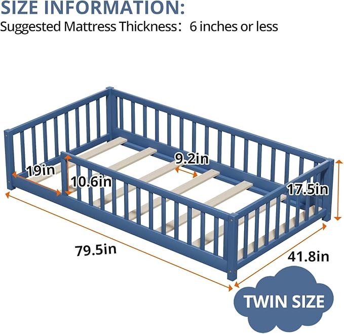 LLS Twin Floor Bed for Kids Toddlers, Solid Wood Multifunctional Montessori Bed Frame with Safety Guardrails, Without Door, Easy Assemble, Mist Blue
