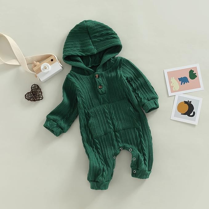 Infant Boys Girls Knit Sweater Romper Baby Toddlers Long Sleeve Hooded Button Up Winter Outfits with Pocket