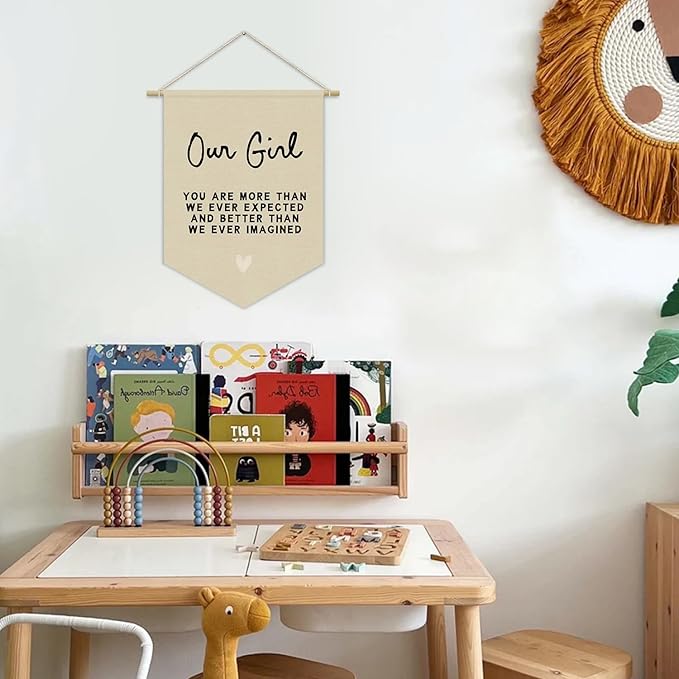 Girls Room Decor, Girl Nursery Linen Canvas Banner, You Are More Than We Ever Expected Neutral Wall Hanging Pennant Flag Banner for Girl Kids Toddler Room Bedroom Playroom Decor, 15x11in