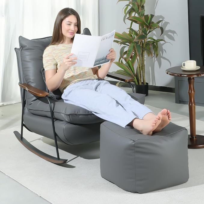 zyz Rocking Chair with Ottoman and Pillow, Mid-Century Modern Recliner, Reclining Nursery Rocker, Wood Armchair, 25° Rocking Motion, Lazy Sofa for Living Room Bedroom Balcony, PU Leather (Dark Grey)