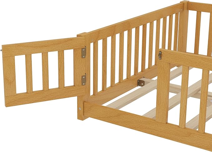 Bellemave Full Size Montessori Floor Bed Frame with Rails & Door, Solid Wood Kids Floor Bed Full with Removable Slats, Low Profile Montessori Bed for Children’s Sleep & Play, Natural