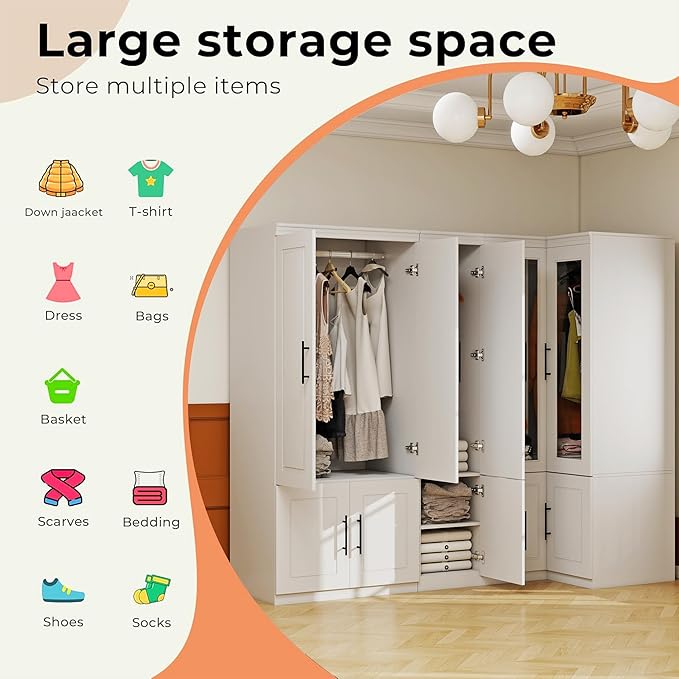 White 5 Door Armoire Wardrobe Closet with Mirror: White Combination Corner Wood Wardrobe Closet Wooden Bedroom Armoire with Hanging Rods for Bedroom/Living Room
