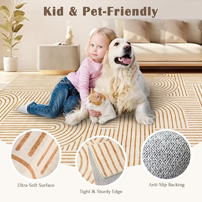 6x9 Area Rug for Living Room - Large Abstract Washable Rugs for Bedroom Non-Slip Orange Dining Room Rug Rainbow Low-Pile Carpet Soft Modern Rug for Office Nursery Room