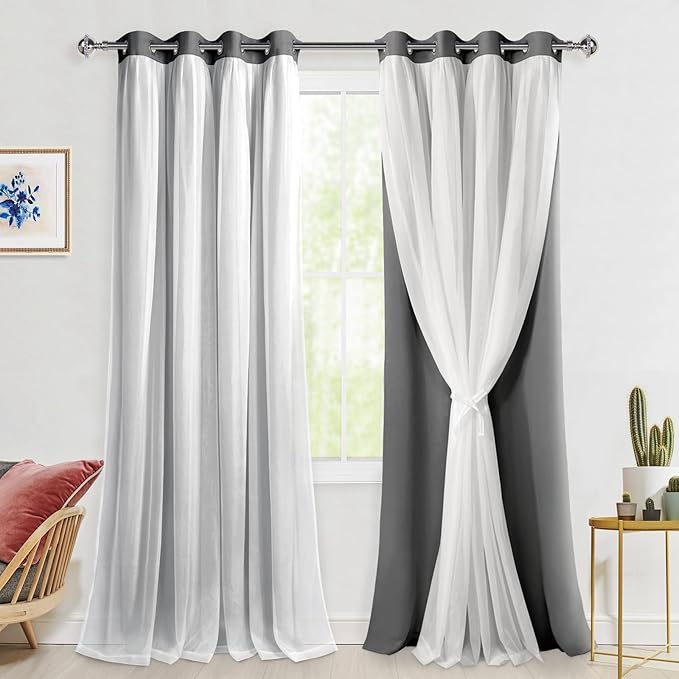 Hiasan Grey Blackout Curtains with Sheer Overlay, Mix & Match Double Layer Thermal Insulated Privacy Grommet Window Curtains for Bedroom, Living Room, 2 Drape Panels with Tiebacks, 52W X 108L
