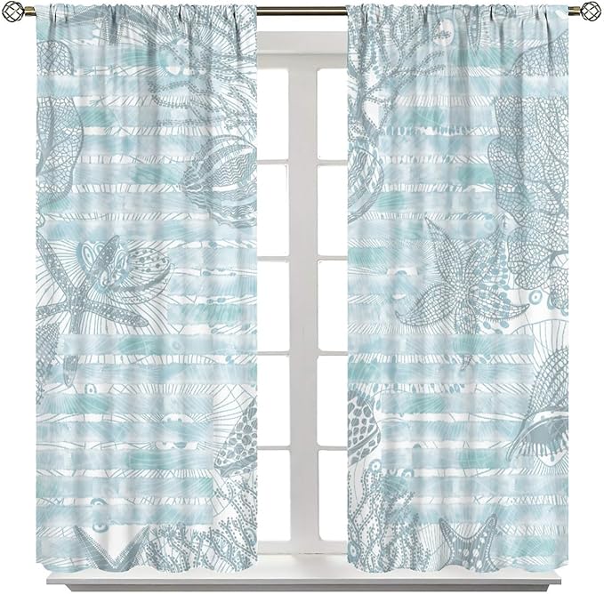Starfish Curtains，Starfish and Seashells Coastal Curtain Ocean Themed Underwater Marine Decor Waterproof Fabric Curtain Set 2 Panels,42x63 Inches