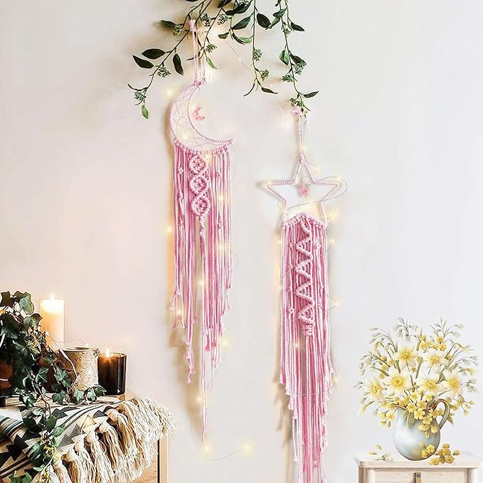 Moon Star Dream Catcher Decor,2pcs Boho Home Moon Star Dreamcatcher,Macrame Wall Hanging Boho Home Decor for Kids Baby Bedroom Decoration for Women Girls Craft Pink
