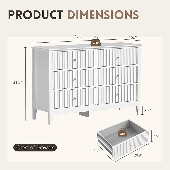 White Dresser for Bedroom, 6 Drawers Fluted Chest of Drawers with Storage, Modern Wide Storage Dresser with Paint Design, Wood Drawer Organizer White Dressers for Hallway, Entryway
