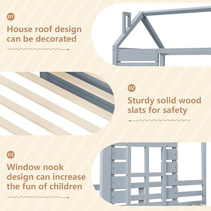 Twin Size Kids House Bed with 2 Storage Drawers, Twin House Bed Frame with Roof and Window, Twin Bed Frames for Kids with Slats, Modern Wooden Montessori Bed for Bedroom, Grey
