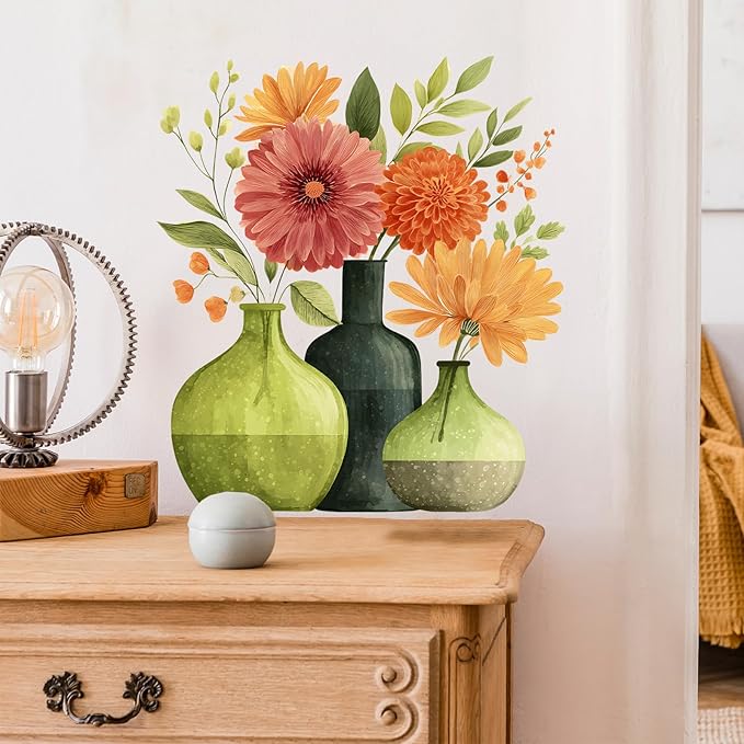 Watercolor Floral Vase Wall Decals Removable Plant Vinyl Stickers for Nursery Living Room Kitchen Decor Peel and Stick Botanical Wall Art