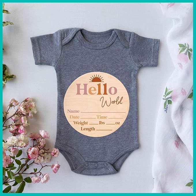 Hello World Newborn Sign - Baby Name Birth Announcement Plaque for Hospital - Photo Prop - Nursery Decor - Shower Gift
