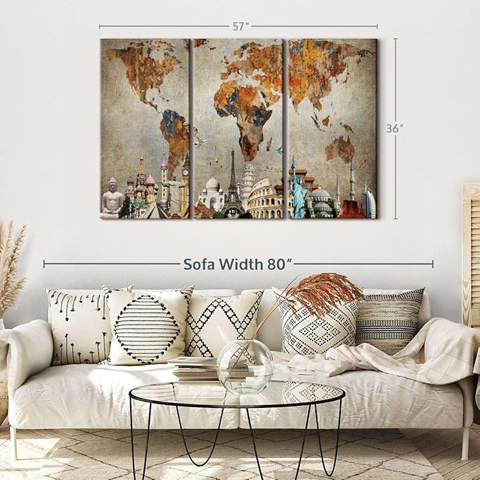 ElephantStock Rusty World Map Multi Piece Canvas - 3 Piece Canvas World Map Wall Decor - Wall Decor - Ready-to-Hang Print - Vintage Wall Art - 57" X 36"