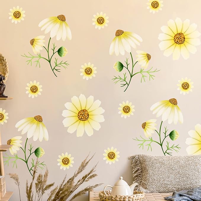 Daisy Flowers Wall Decals Peel and Stick, Vinyl Watercolor Yellow Daisy Floral Wall Stickers Removable, Retro Wall Decor for Nursery Baby Toddler Room Kids Girls Bedroom Playroom