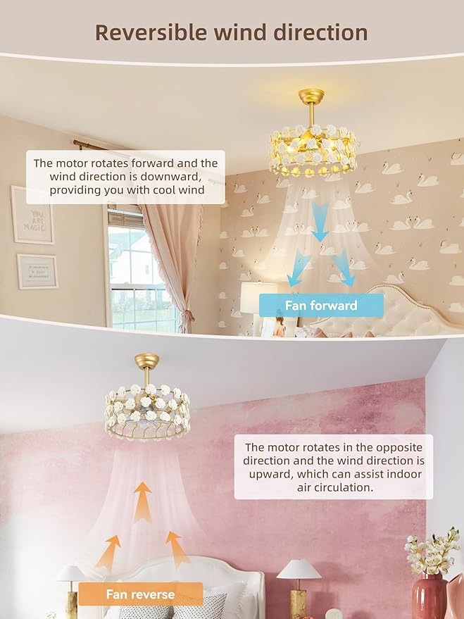20" Gold Fandelier Ceiling Fan with Light, Caged Flower Chandelier Ceiling Fans with Lights Remote Control, Mid-Century Modern with 6 Speeds for Bedroom, Nursery