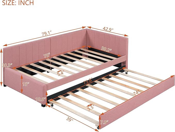 Harper & Bright Designs Upholstered Daybed with Trundle Twin Size Sofa Bed Frame No Box Spring Needed, Linen Fabric(Pink)