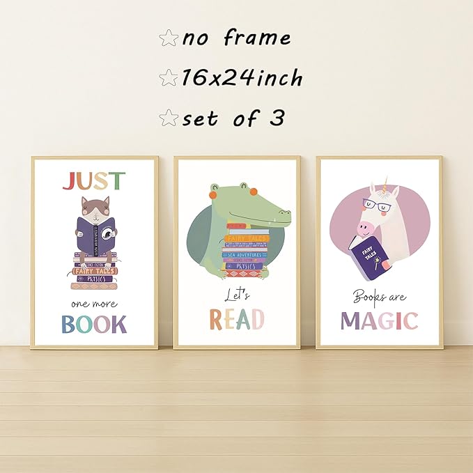 3Pcs Kids Reading Wall Art Children’s Educational Wall Decor Nursery Classroom Painting Cute Animal read Pictures Reading Corner Prints for Children’s Library Kids Room 16x24 Unframed Posters