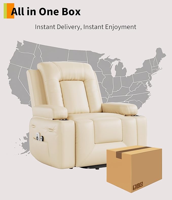 GarveeHome Power Recliner Chair - Heat and Massage, Adjustable Electric Recliner Ergonomic PU Leather Single Sofa, Tall Back, Padded Seat, Lazy Chair for Living Room