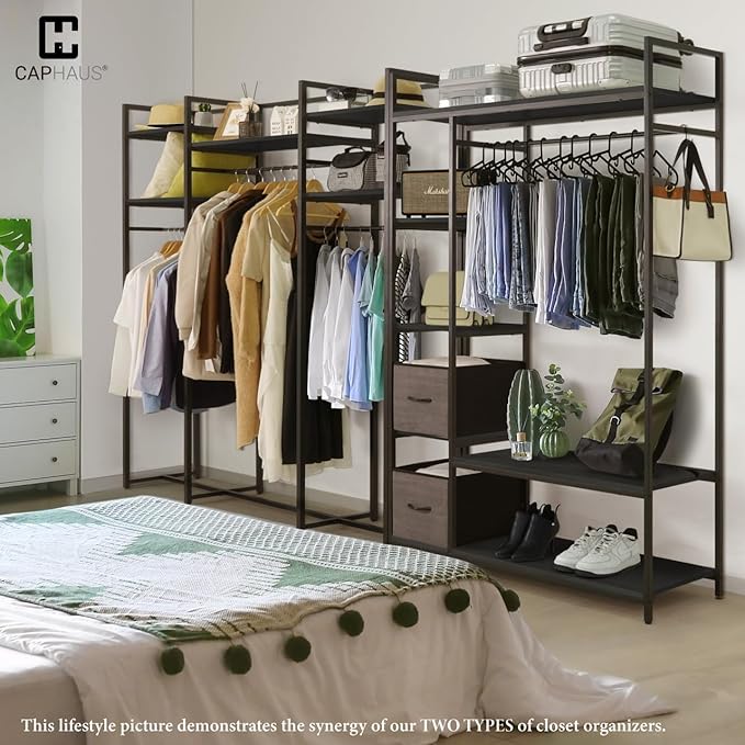 CAPHAUS 979lbs Capacity Heavy Duty Clothing Rack 48" W Metal Garment Rack with Drawers Hanging Rods and Wood Shelves Freestanding Closet Organizer, Black Board