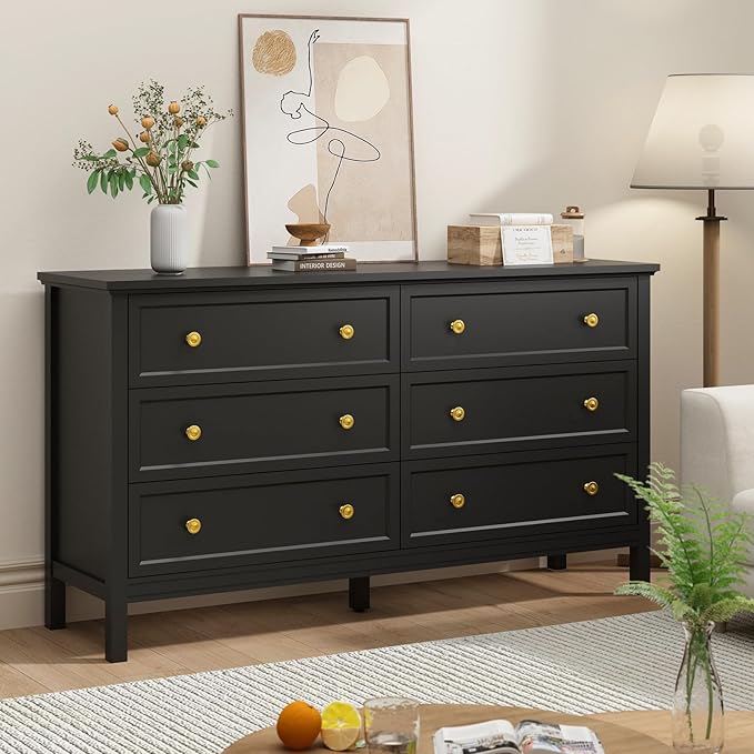 CARPETNAL Black Dresser for Bedroom, 6 Drawer Dresser with Wide Drawer and Metal Handles, 55" Black and Gold Wood Dressers & Chests of Drawers for Hallway, Entryway.