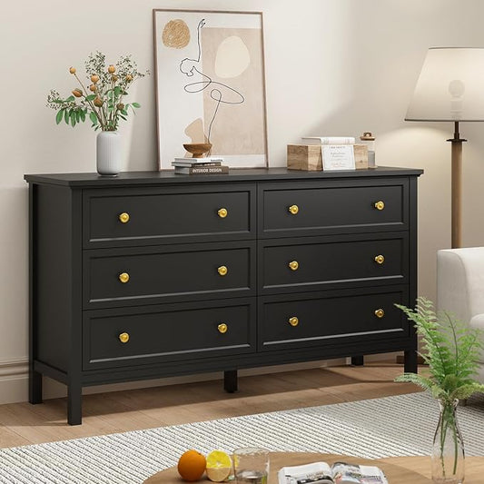 CARPETNAL Black Dresser for Bedroom, 6 Drawer Dresser with Wide Drawer and Metal Handles, 55" Black and Gold Wood Dressers & Chests of Drawers for Hallway, Entryway.