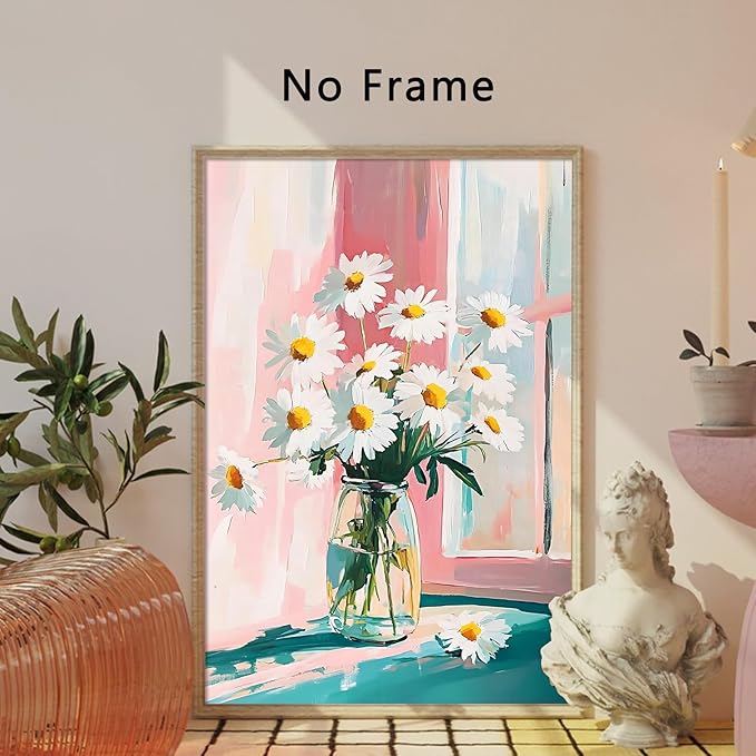 Rustic Farmhouse Floral Canvas Wall Art Flower Still Life Prints Flower In Vase Painting Modern Floral Canvas Daisy Painting White Daisy Picture Aesthetic Flowers Poster 16x24inch No Frame