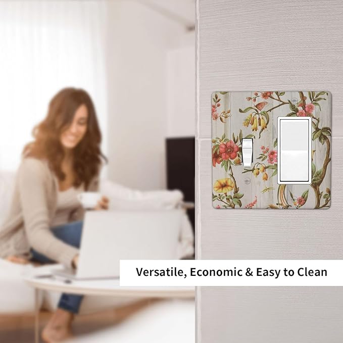 Flowers Bird Tree Retro Spring Floral Branch 2 Gang Light Switch Cover Decorative Combination Wall Plate Oriental Chinese Landscape Drawn Single Toggle Rocker Electrical Faceplate for Kitchen Home