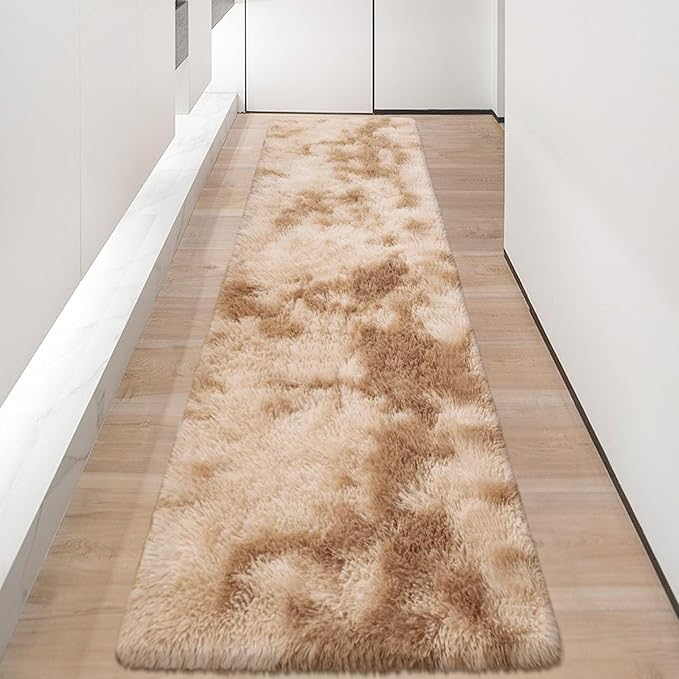2x8 ft Plush High Pile Khaki Tie Dyed Rug Fluffy Soft Runner Bedside Rug for Bedroom Living Room Hallway Nursery Kids Home Decor Shag Carpet