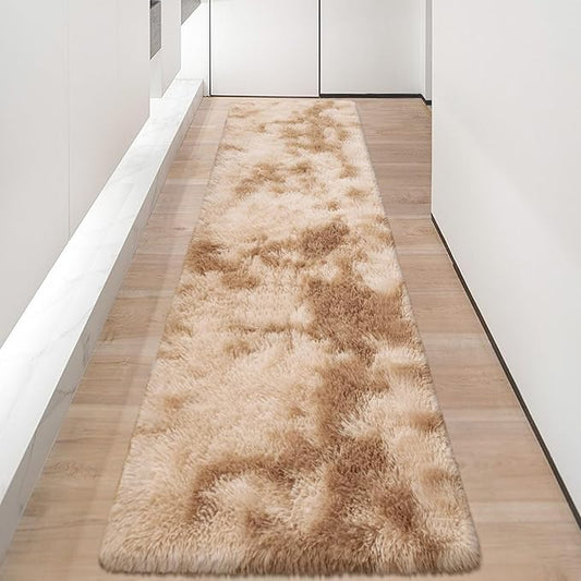 2x8 ft Plush High Pile Khaki Tie Dyed Rug Fluffy Soft Runner Bedside Rug for Bedroom Living Room Hallway Nursery Kids Home Decor Shag Carpet