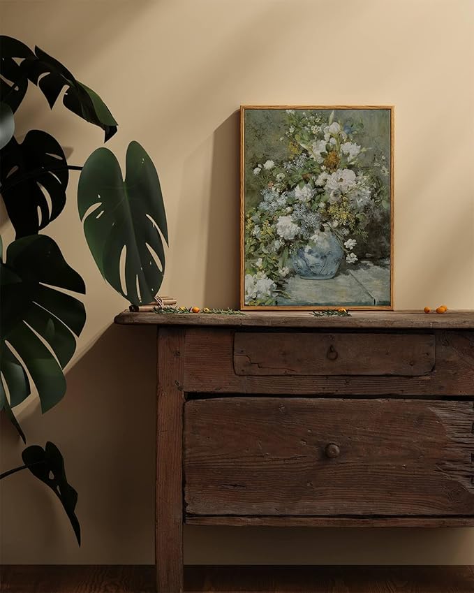 ARPEOTCY Framed Canvas Print Wall Art Decor, French Vintage Flower Spring Botanical Wall Art Home Decor, Ceramic Vase Floral Oil Painting for Living Room, Office Shelf Decoration, 12x16 inch
