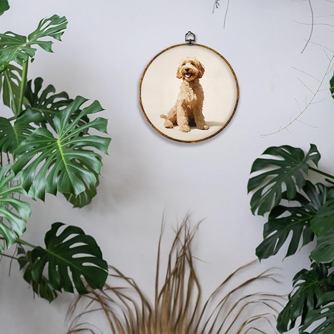 Hiuwevt Vintage Goldendoodle Dog Round Wall Art Decor, Golden Doodle Gifts Framed Canvas Prints, Rustic Neutral Dog Round Wall Hanging Decor for Home Bedroom Living Room Decorations, 10x10 Inches